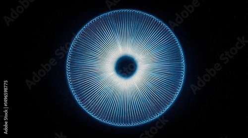 Abstract circular light pattern in gradient blue tones, symbolizing global connectivity and harmony