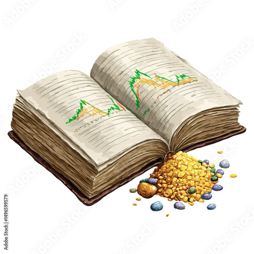 Gold market trend with forecast and portfolio value concept. An illustrated book displaying graphs with gold and minerals.