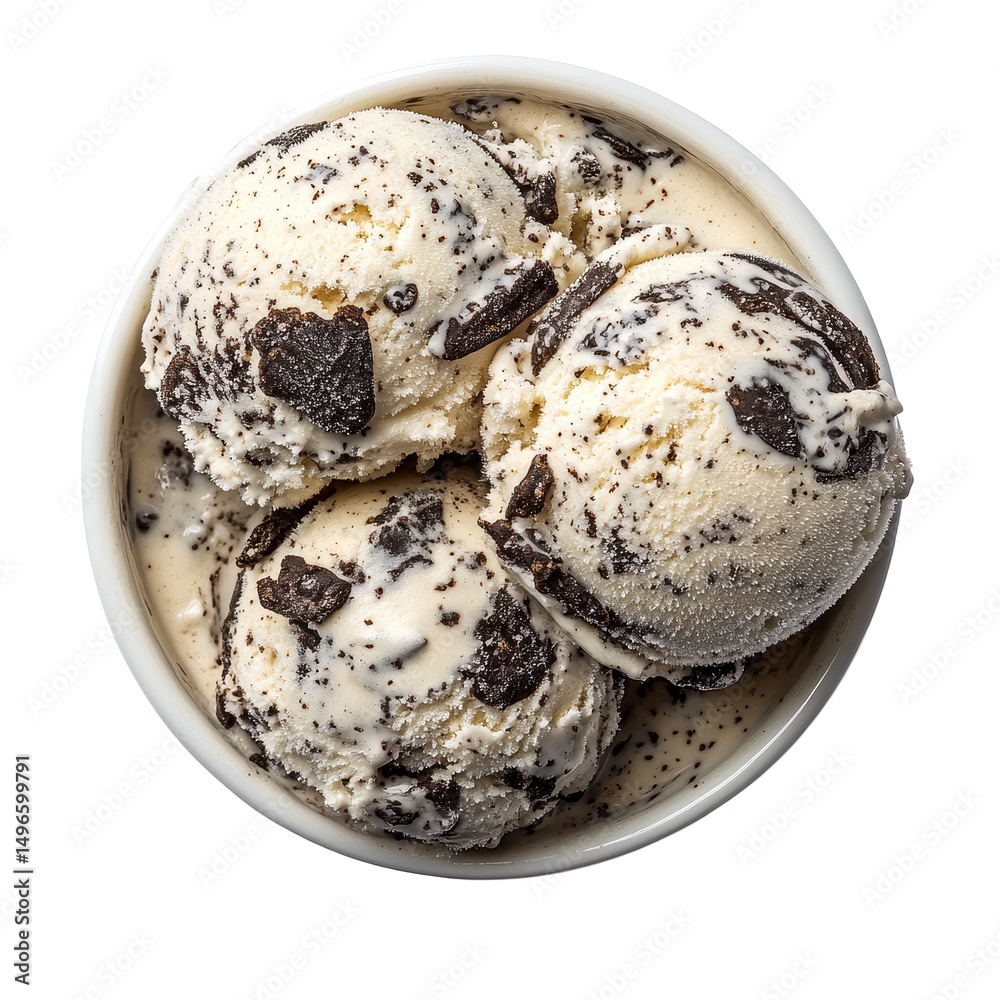 Obraz premium Creamy cookies and cream ice cream served in a white bowl from above, Cookies and cream ice cream in a bowl, top view, isolated on Transparent background