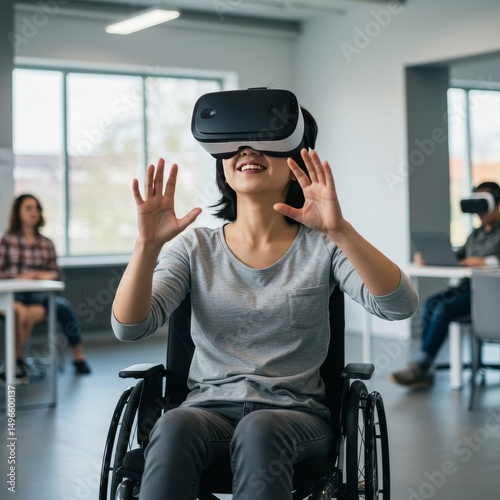 Photo of Woman in Wheelchair Using VR Headset in Classroom