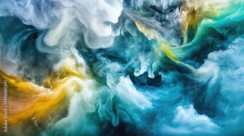 Abstract swirling teal, gold, and white paint
