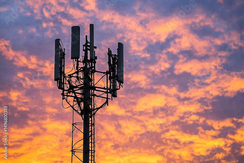 Silhouette of Cell Tower against a Dramatic Sky during Sunset in the Evening