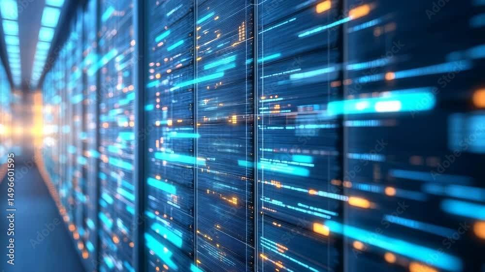 Server racks with glowing lights and abstract digital data streams, strongly representing a data center and the flow of digital data. Server racks with glowing lights and abstract digital data streams, strongly representing a data center and the flow of digital data.