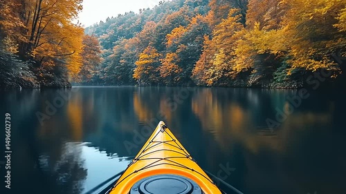 Scenic Kayaking Adventure on a Calm Lake Surrounded by Autumn Trees in Plitvice