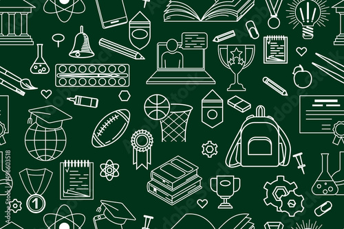 Seamless pattern with school drawings. Back to school, hand drawn background. Concept of learning, knowledge, skills. Seamless background with icons of school supplies. Vector