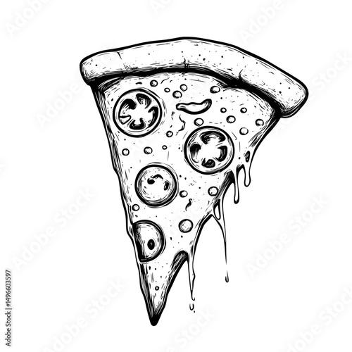 Hand drawn slice of pepperoni pizza icon with melted cheese and visible crust detail
