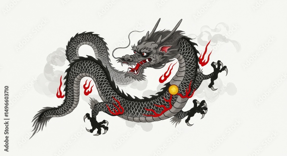 Obraz premium Pixel Art Illustration of Black Dragon with Red Flames