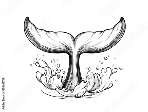 鯨の尾びれと水しぶき 線画イラスト