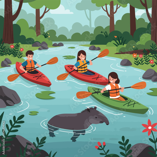 Family Kayaking Trip on River Through Forest with Swimming Tapir
