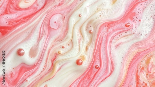 Swirling pink and white liquid with creamy texture and air bubbles