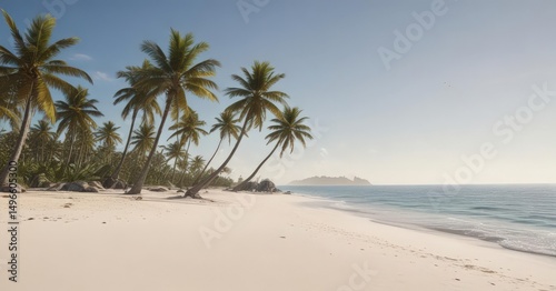 White sand, palm trees swaying, distant island silhouette,  sunrise,  sand
