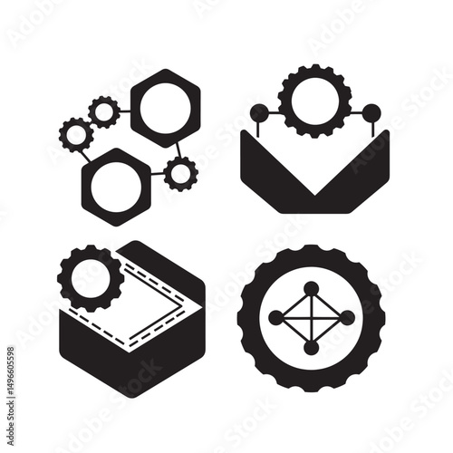 Abstract black and white business technology concepts with gearwheel and network symbols
