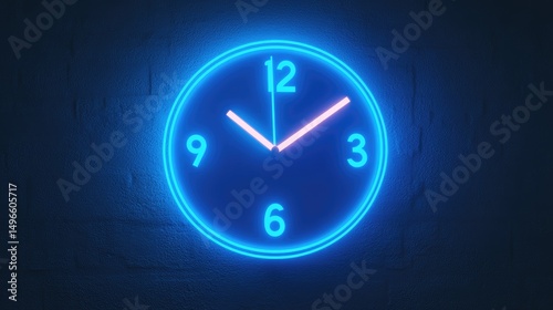 Glowing neon clock on a brick wall, displaying the time