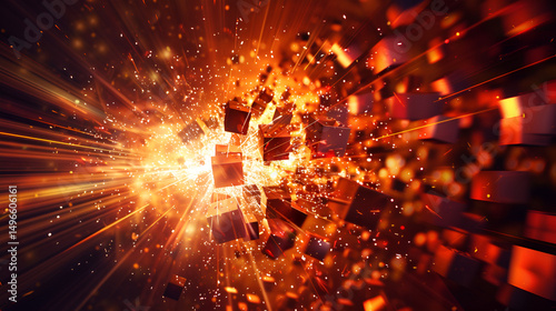 Exploding cubes with light rays and sparks creating a dynamic and energetic composition design element