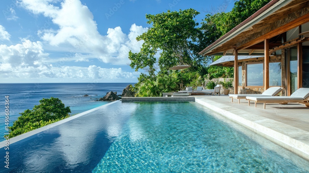 Fototapeta premium Luxury Villa with Infinity Pool Overlooking the Ocean in Seychelles