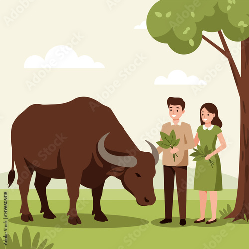 People Feeding a Large Horned Animal in a Green Outdoor Setting