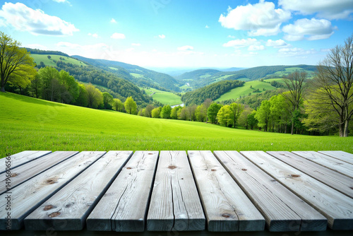 Wooden Table with Nature Background – Rustic Outdoor Surface for Product Display or Dining