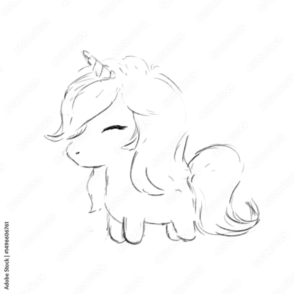 Fototapeta premium Sketch Little Unicorn Hand Drawn Black and White Illustration
