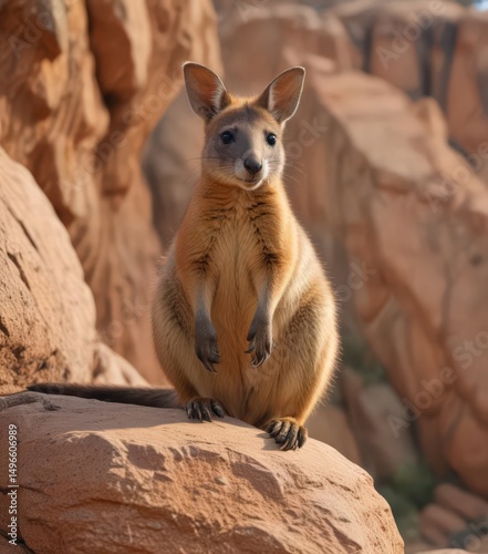 Agile rock wallaby perched on sandstone outcrop, mammal, light, fauna