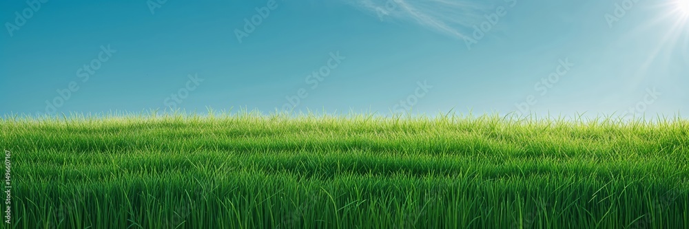 Bright green grass field under clear blue sky with sunlight shining in summer afternoon Bright green grass field under clear blue sky with sunlight shining in summer afternoon