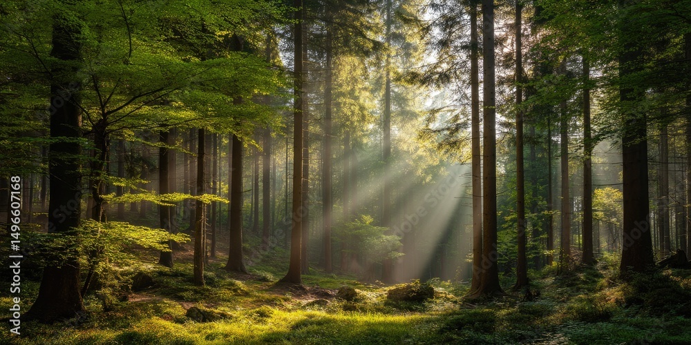 Obraz premium Silent German Forest in spring with beautiful bright sun rays on orange, golden sunset mood, black forest.