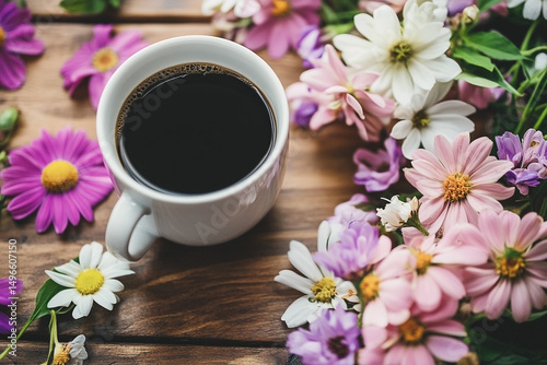 Elegant coffee cup arrangement with vibrant flowers on a rustic wooden surface