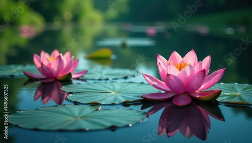 Water lilies, lotus blossoms create intricate patterns on calm lake surface , floral design, vibrant, beauty