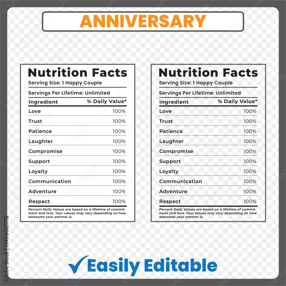 Fototapeta premium anniversary nutrition facts, anniversary facts, anniversary food, anniversary number gifts, a nutrition fact, anniversary label, nutrition facts parody, love nutrition label, wedding anniversary label