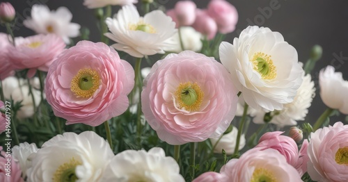 Delicate pink & white ranunculus blossoms, vibrant spring petals  Close-up view , petal, garden