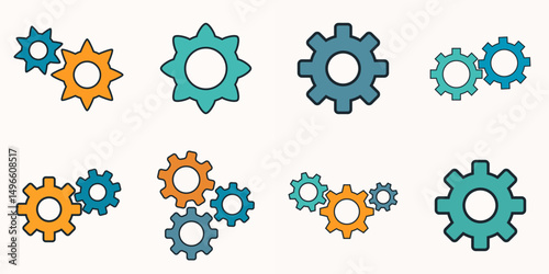 Flat vector collection of gears and mechanical cogs in orange, blue, and green design for tech interface