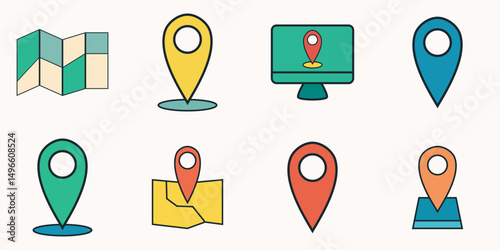 Navigation and geolocation icons set with location pins, maps, and digital tracking in modern flat vector style