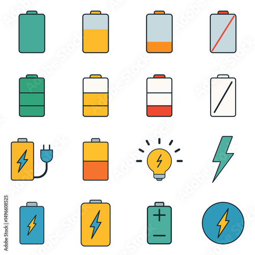 Set of battery charge symbols and power icons in flat design for energy, mobile, and tech applications