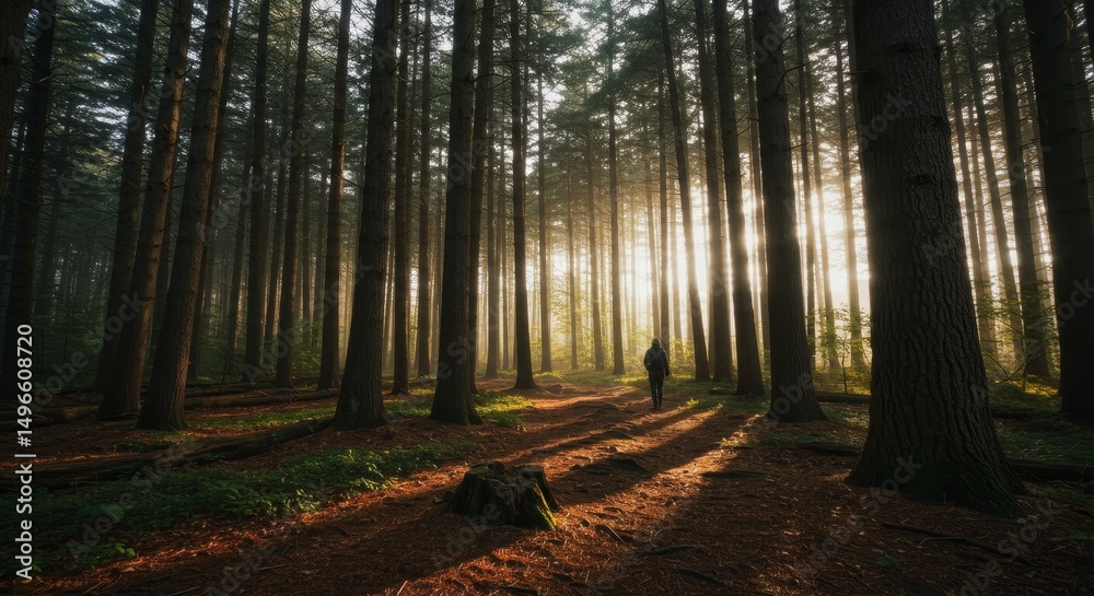 Obraz premium Photo of Man Walking in Backlit Forest at Sunrise