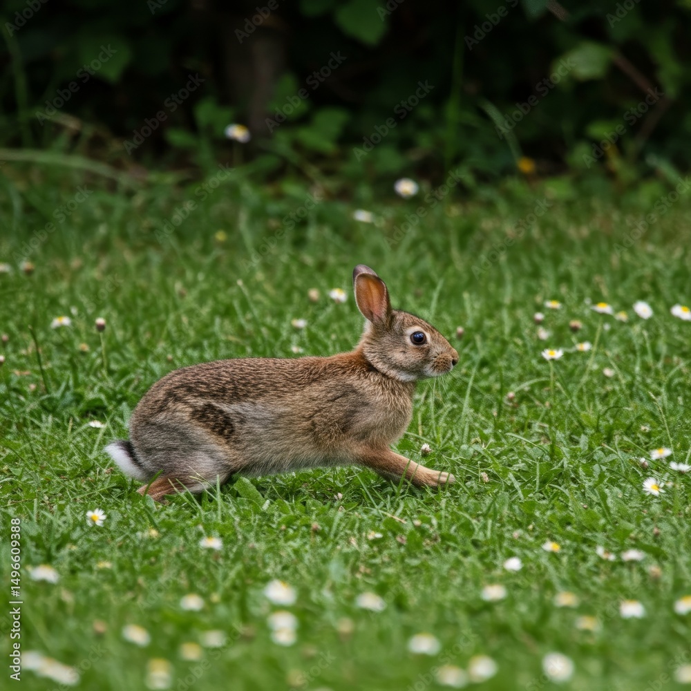 Fototapeta premium Photo of Wild Rabbit Running in Green Grass Field