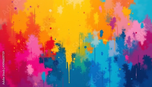 a vibrant abstract painting with splashes of bright colors that create an energetic visual impact
