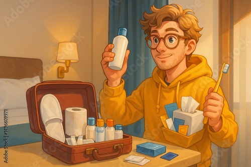 Young man organizing travel toiletries at a hotel room desk