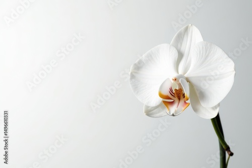 Delicate white orchid blossom against pure white background, soft, white