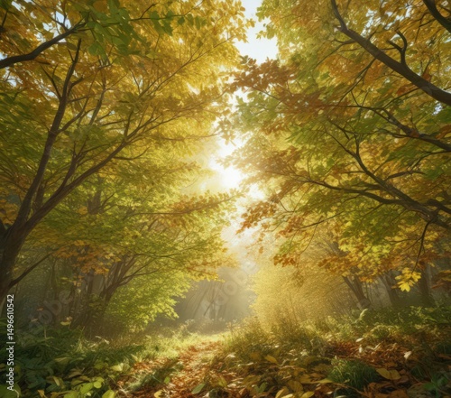 Sun-dappled autumn leaves, dense deciduous canopy, green undergrowth, woodland, image
