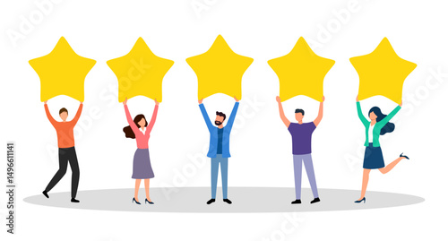 People are holding stars, giving five star feedback. Clients choosing satisfaction rating and leaving positive review. Feedback consumer, customer review evaluation.