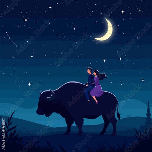 Couple Riding Buffalo at Night Under Starry Sky and Crescent Moon