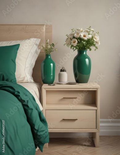 Emerald green bedding, beige nightstand, stylish vase with flowers ,  aesthetic,  tabletop