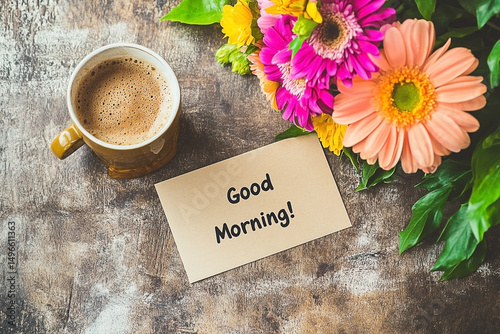 A delightful morning scene featuring coffee, vibrant flowers, and warm greeting