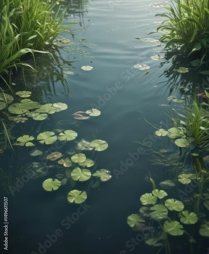 Soft focus aquatic plants, rippling water surface,  blurry background,  environment