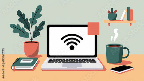 Flat design illustration of a cozy home office with laptop, coffee mug, notebook, and Wi-Fi icon on a pastel background with clean lines and warm grey and teal tones
