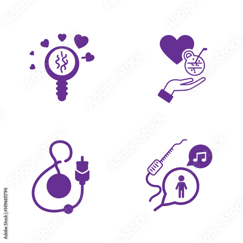 Conceptual purple icons depicting love, care, music, and assistance in clean style