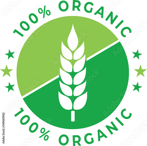 100% Organic Label Badge – Green Eco-Friendly Logo with Wheat Symbol for Natural Products
