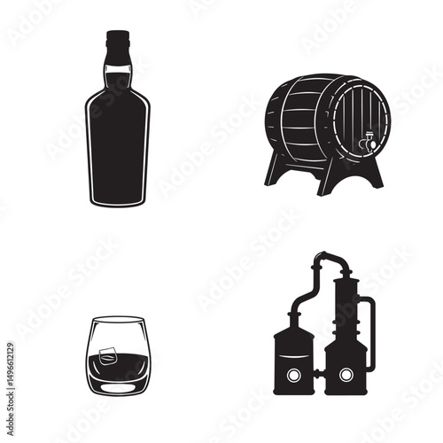 Elegant collection of whiskey elements including bottle barrel glass and distillery illustration