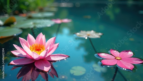 Vibrant floral motif imprinted on glassy lake water, pattern, light, sunlight