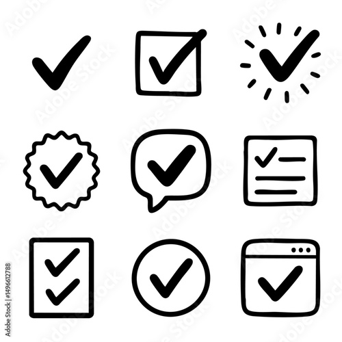 A set of doodle line icons featuring check marks, ticks, and completed tasks in various frames and layouts