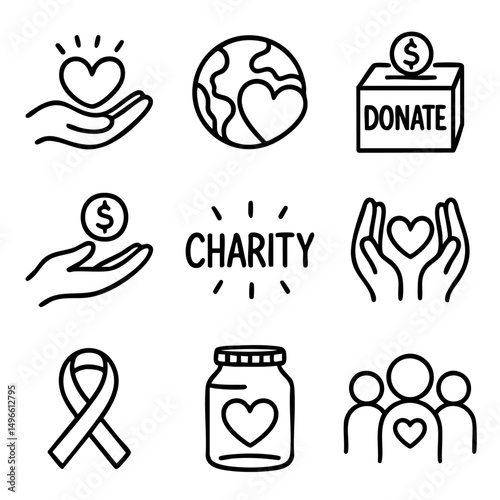 A set of doodle line icons representing charity, donation, love, and support in a minimal and expressive style